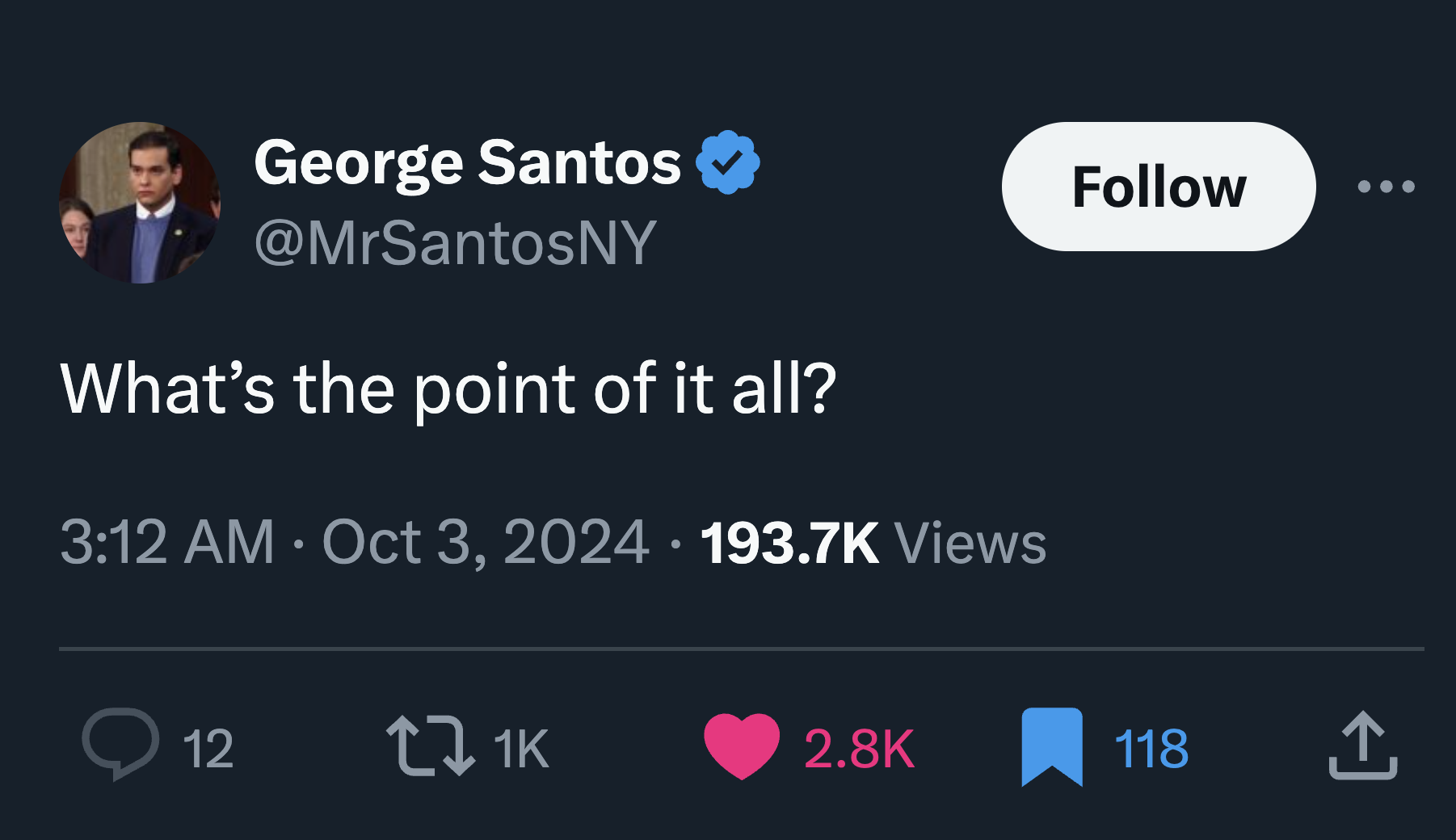 screenshot - George Santos What's the point of it all? Views 12 1K 118